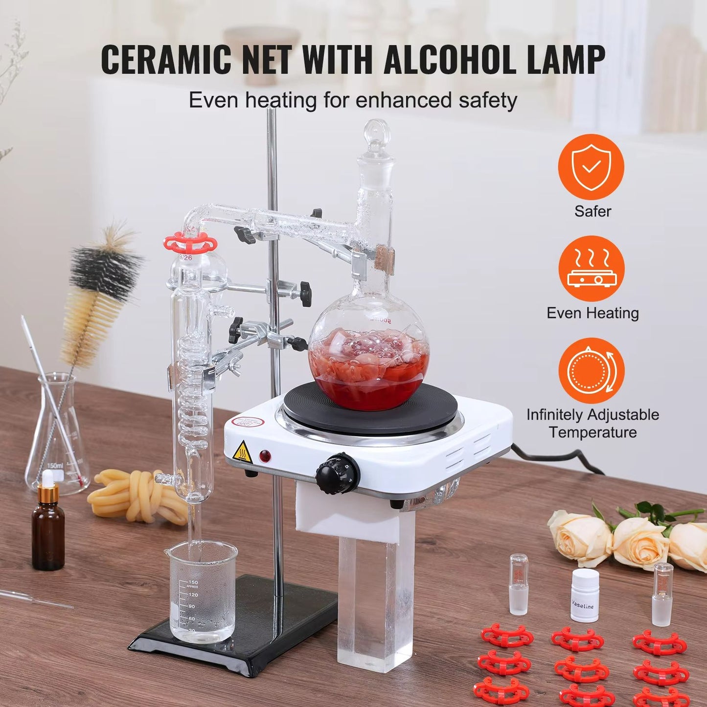 Premium VEVOR Essential Oil Distillation Kit  500ml Glass Flask  1kW Heating Plate 4