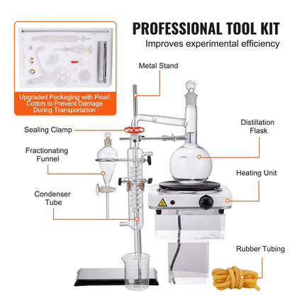 Premium VEVOR Essential Oil Distillation Kit  500ml Glass Flask  1kW Heating Plate 5