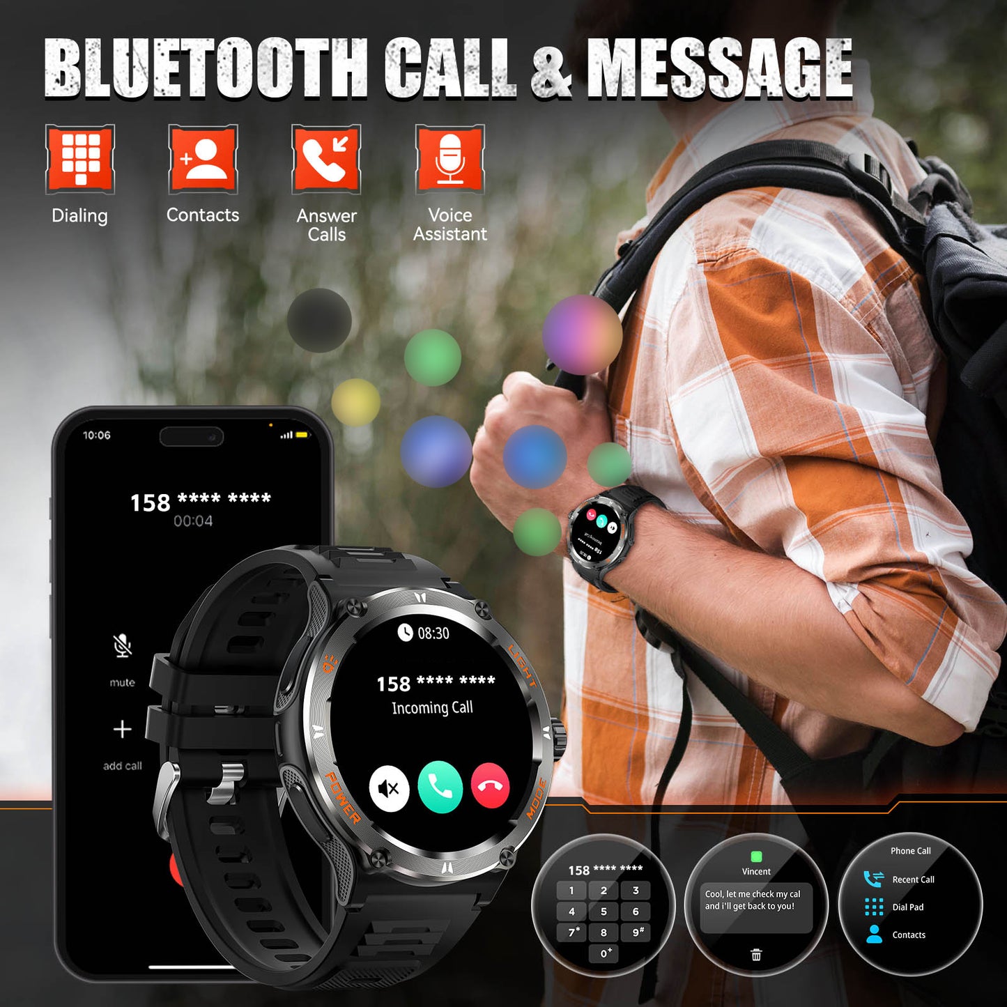 KT76 Smart Watch Waterproof Men Sport, Compass, LED Flashlight, Heart Rate Monitor, Sleep, Bluetooth Call
