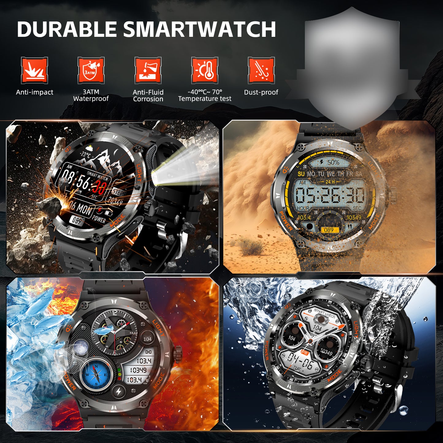 KT76 Smart Watch Waterproof Men Sport, Compass, LED Flashlight, Heart Rate Monitor, Sleep, Bluetooth Call