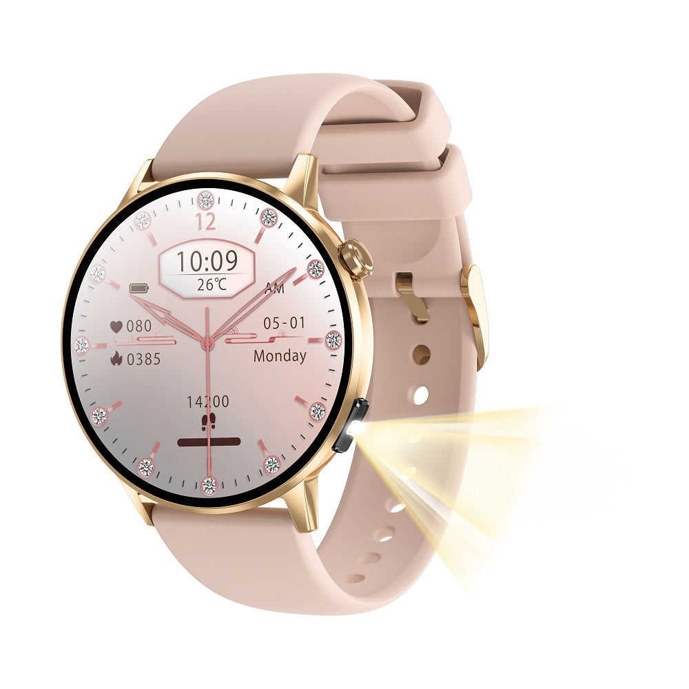 Newest Women AMOLED Screen Bluetooth Call Smart Watch, Heart Rate Monitor, Multifunctional Flashlight, Voice Assistant