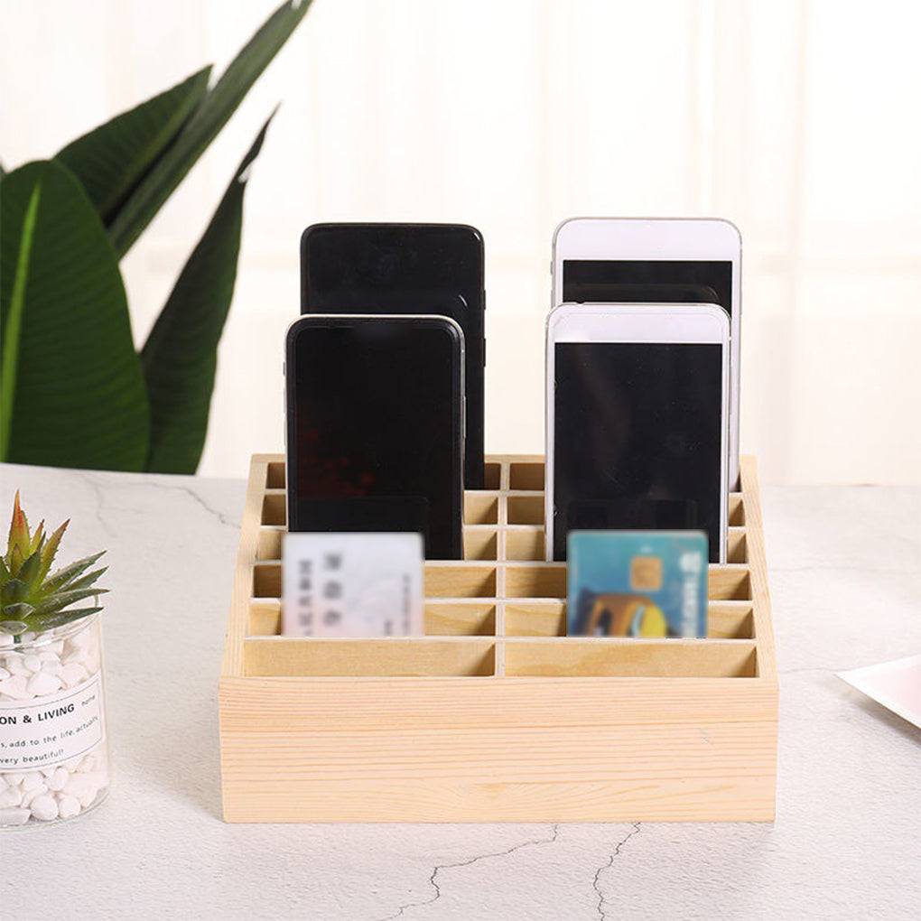24-Cell Simple Mobile Phone Storage Box, Wooden Multi-Grid Organizer for Office, Classroom Conference Rooms