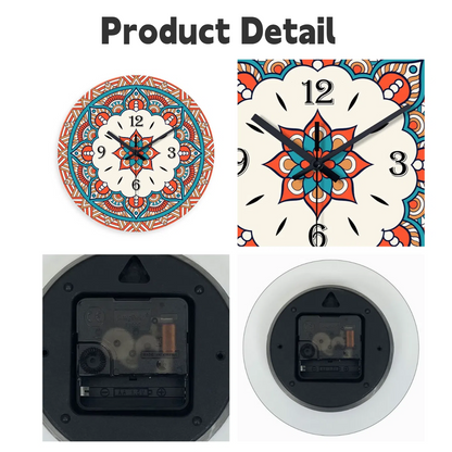 Mandala Wall Clock 12 Inch, Silent Quartz Round Non-Ticking, Tempered Glass Boho Chic Home Office Decor Gift