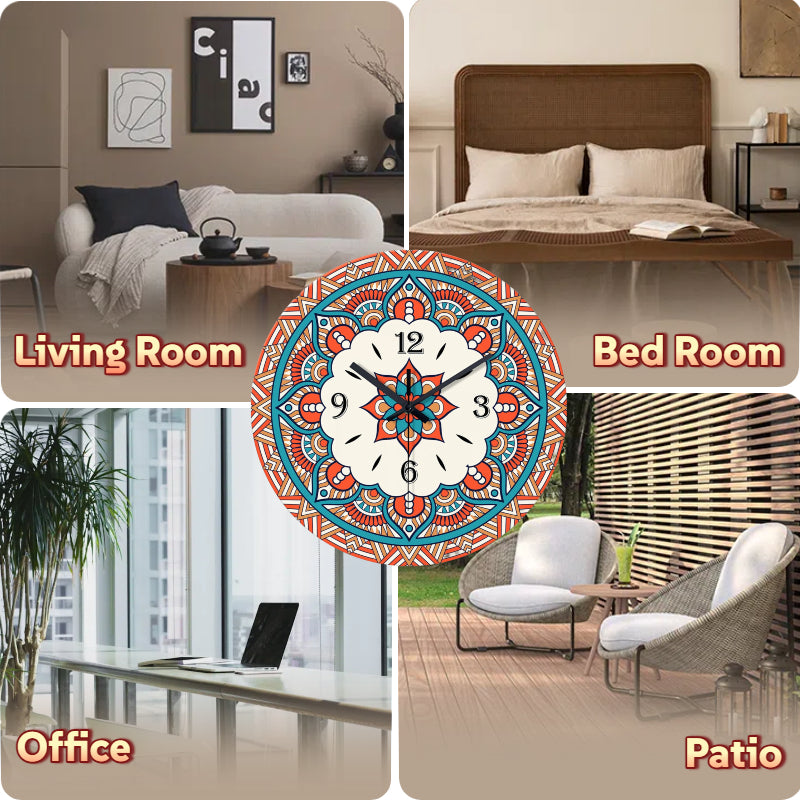 Mandala Wall Clock 12 Inch, Silent Quartz Round Non-Ticking, Tempered Glass Boho Chic Home Office Decor Gift