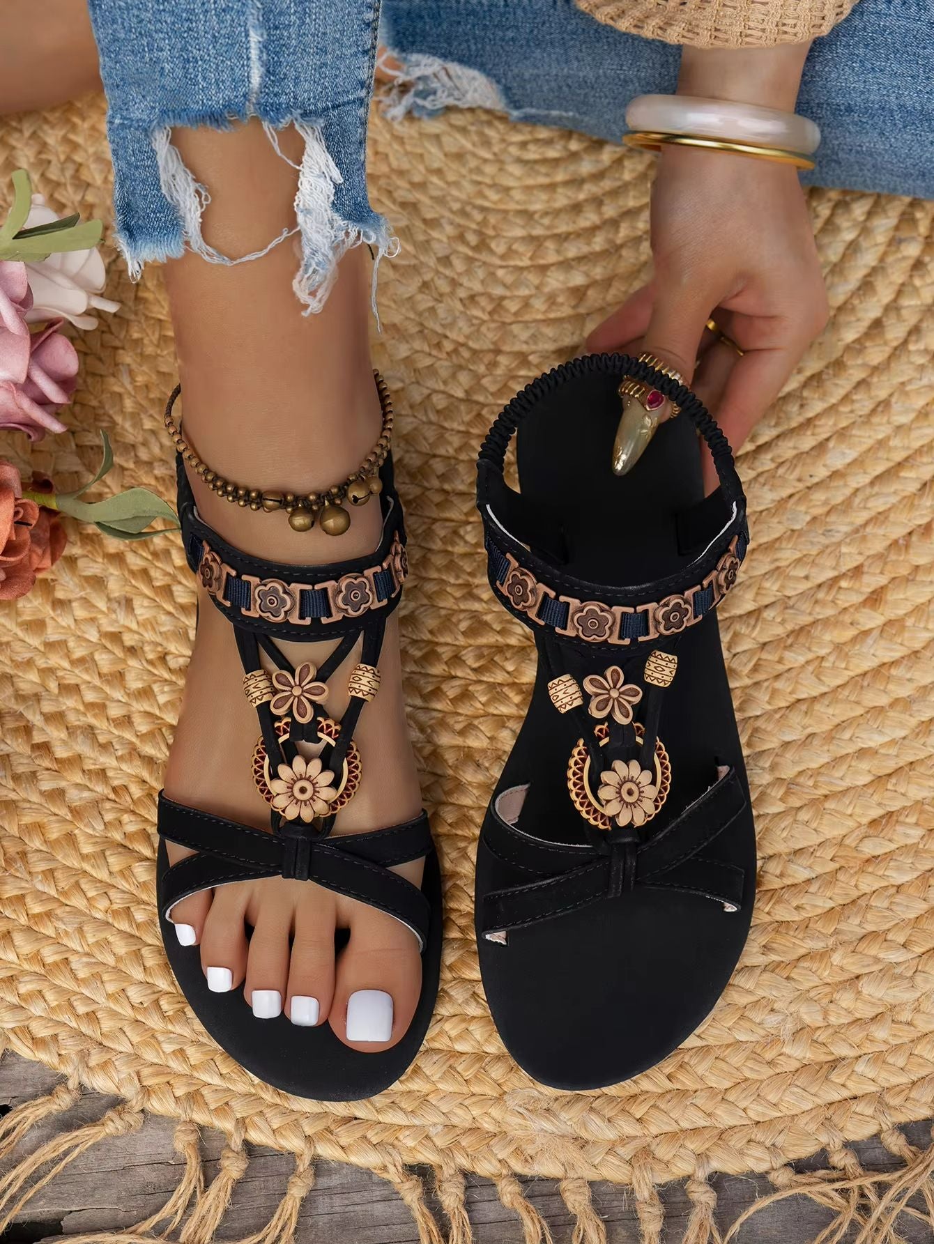Boho Bliss Round-Toe Flat Sandals – Casual Summer Bohemian Sandals