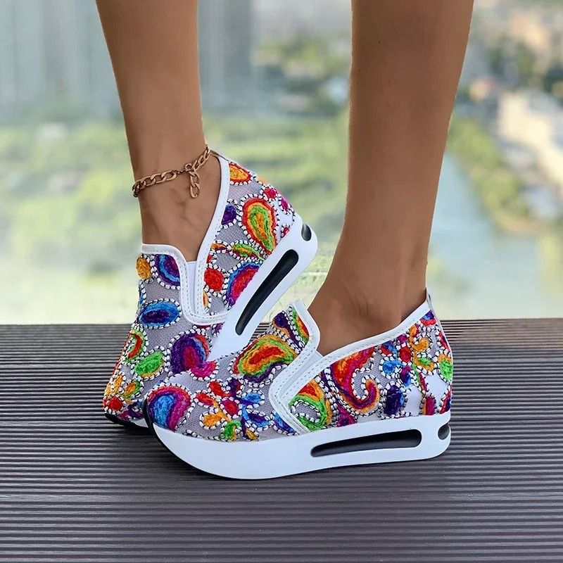 Womens SlipOn Platform Sneakers With Embroidered Design Breathable Mesh  Thick Sole Comfort Loafers 2