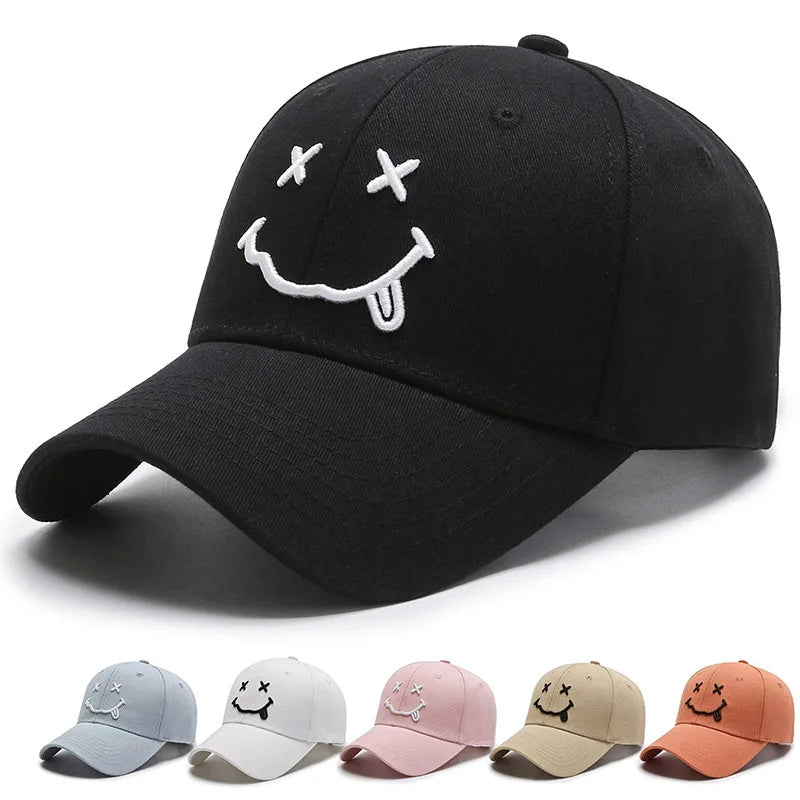 Black Cotton Adjustable Snapback, Women Smile Face Embroidery Baseball Caps, Funny Hip Hop Cap Autumn Dad Hats