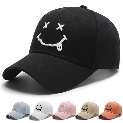 Black Cotton Adjustable Snapback, Women Smile Face Embroidery Baseball Caps, Funny Hip Hop Cap Autumn Dad Hats
