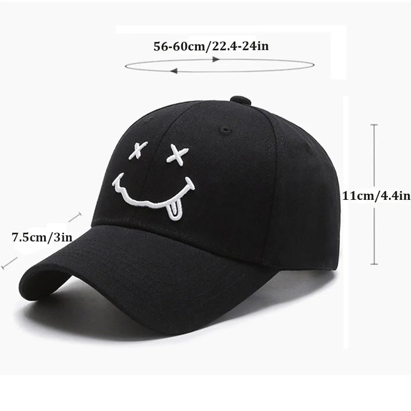 Black Cotton Adjustable Snapback, Women Smile Face Embroidery Baseball Caps, Funny Hip Hop Cap Autumn Dad Hats