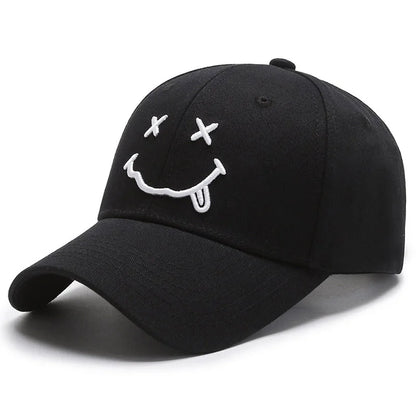 Black Cotton Adjustable Snapback, Women Smile Face Embroidery Baseball Caps, Funny Hip Hop Cap Autumn Dad Hats