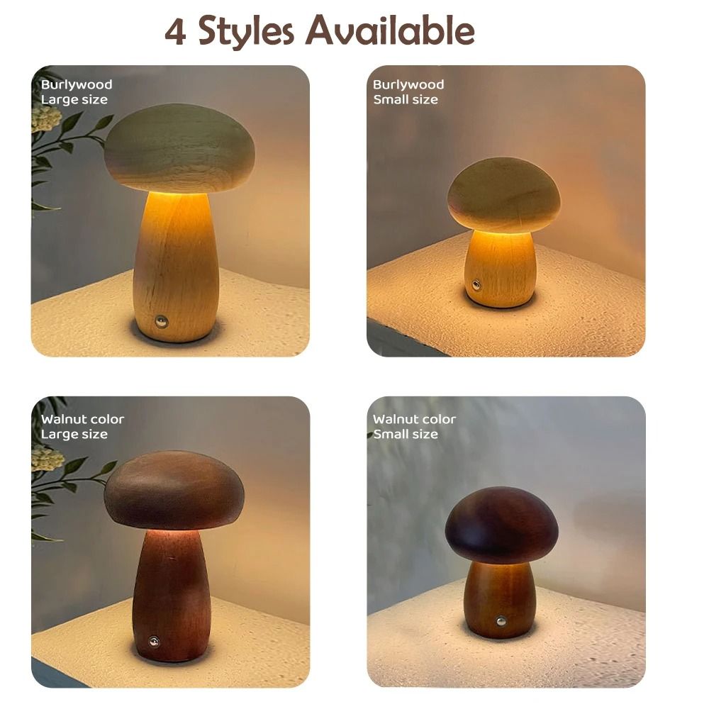 Wooden Mushroom Night Light Stepless Dimming Bedside Table Lamp Rechargeable 3 Color 1