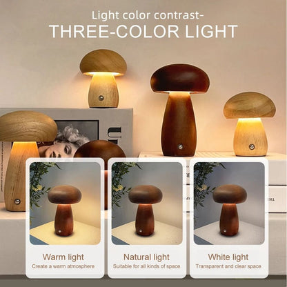 Wooden Mushroom Night Light Stepless Dimming Bedside Table Lamp Rechargeable 3 Color 2