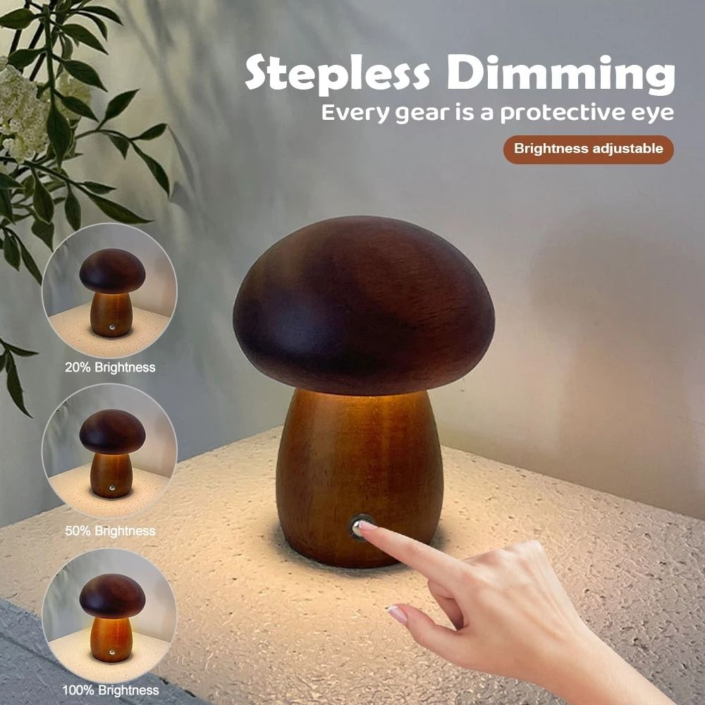 Wooden Mushroom Night Light Stepless Dimming Bedside Table Lamp Rechargeable 3 Color 3