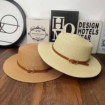 French Style Straw Sun Hat Women Summer Flat Top Brim, Adjustable UPF50 Plus, Elegant Beach Vacation Sun Protection