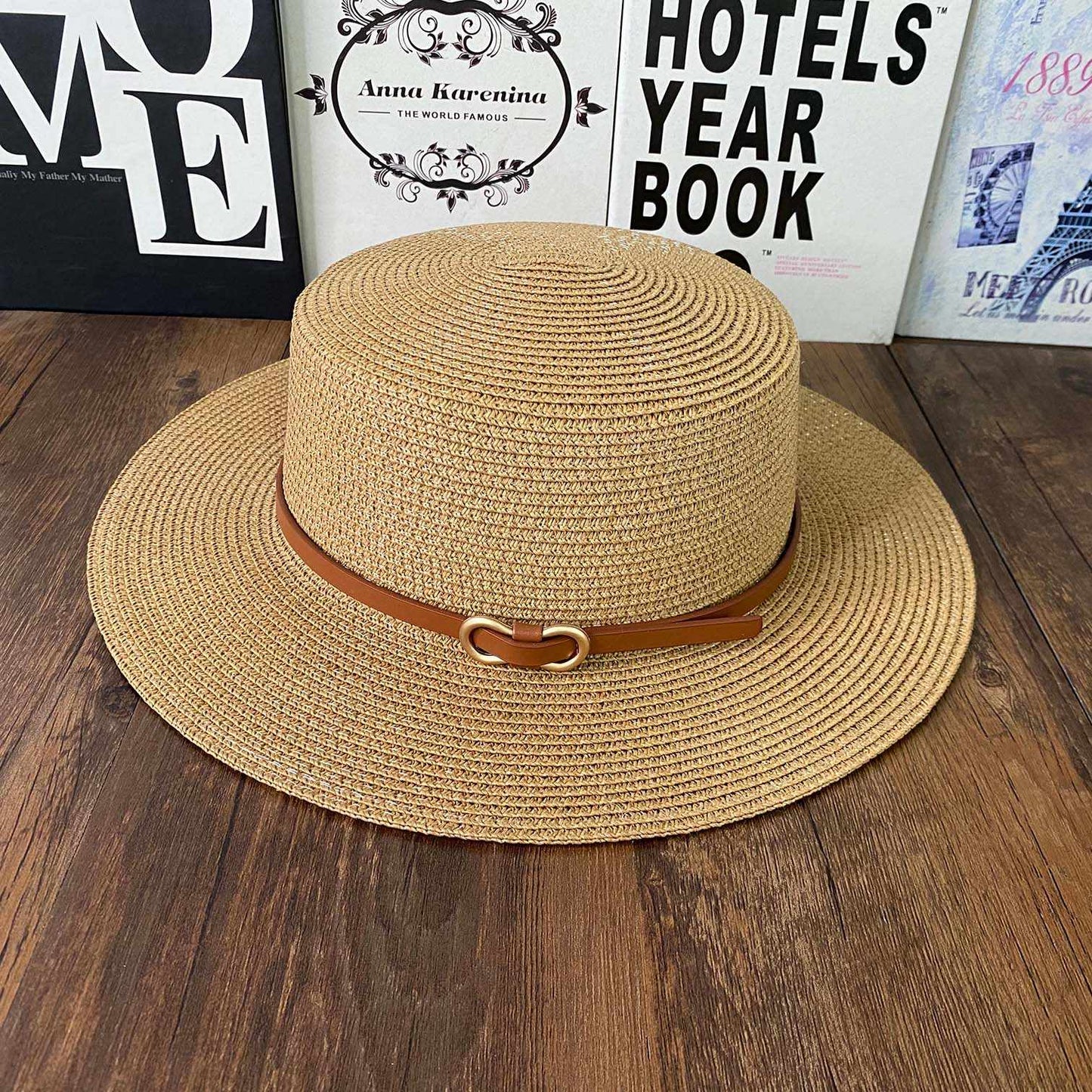 French Style Straw Sun Hat Women Summer Flat Top Brim, Adjustable UPF50 Plus, Elegant Beach Vacation Sun Protection
