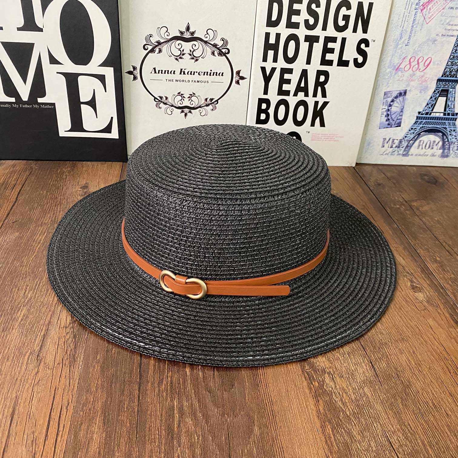 French Style Straw Sun Hat Women Summer Flat Top Brim, Adjustable UPF50 Plus, Elegant Beach Vacation Sun Protection