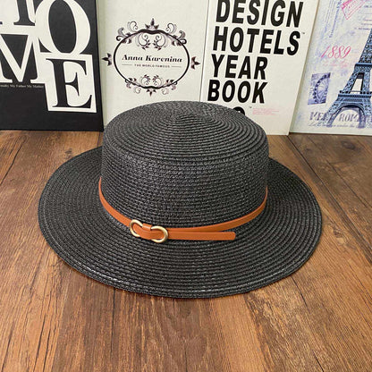 French Style Straw Sun Hat Women Summer Flat Top Brim, Adjustable UPF50 Plus, Elegant Beach Vacation Sun Protection