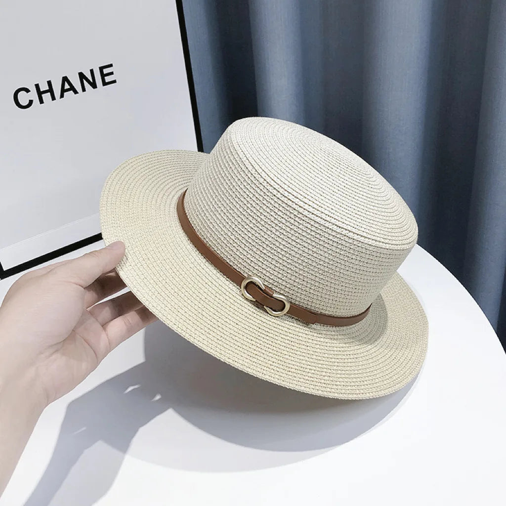 French Style Straw Sun Hat Women Summer Flat Top Brim, Adjustable UPF50 Plus, Elegant Beach Vacation Sun Protection
