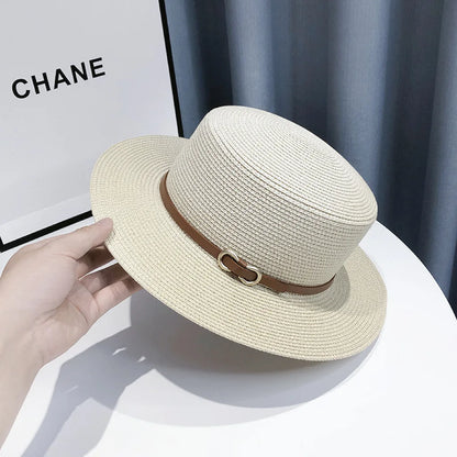 French Style Straw Sun Hat Women Summer Flat Top Brim, Adjustable UPF50 Plus, Elegant Beach Vacation Sun Protection