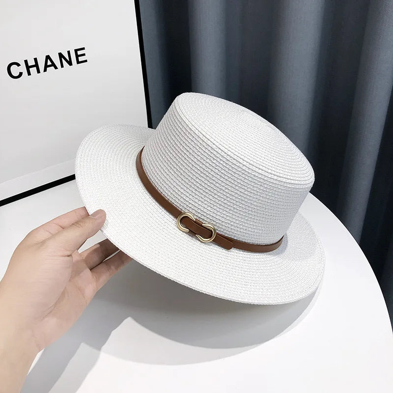 French Style Straw Sun Hat Women Summer Flat Top Brim, Adjustable UPF50 Plus, Elegant Beach Vacation Sun Protection