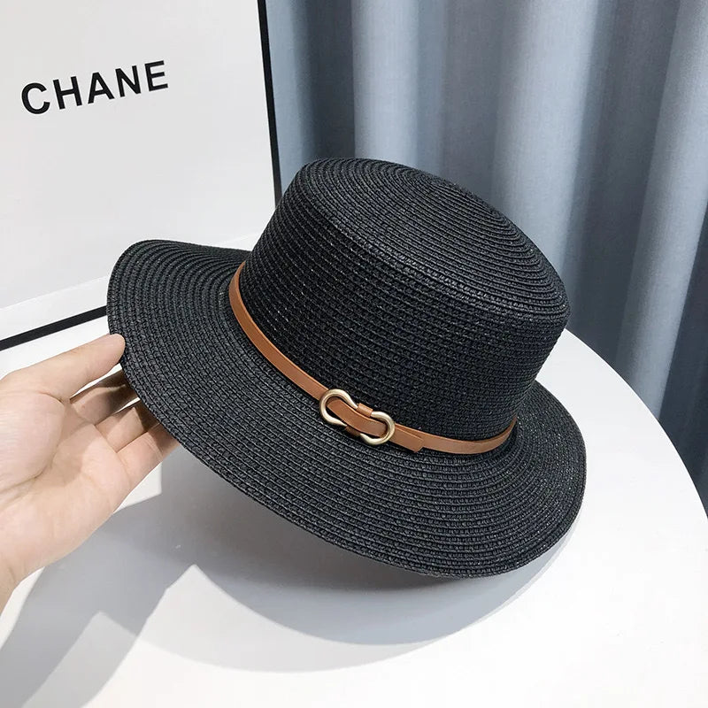 French Style Straw Sun Hat Women Summer Flat Top Brim, Adjustable UPF50 Plus, Elegant Beach Vacation Sun Protection