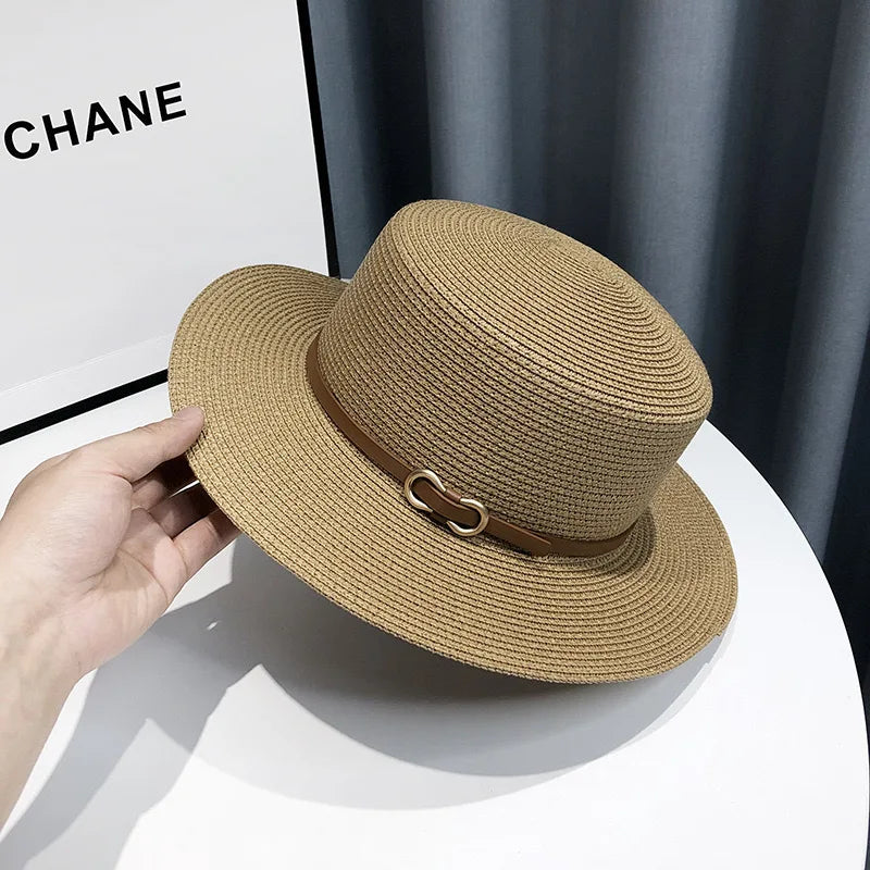 French Style Straw Sun Hat Women Summer Flat Top Brim, Adjustable UPF50 Plus, Elegant Beach Vacation Sun Protection