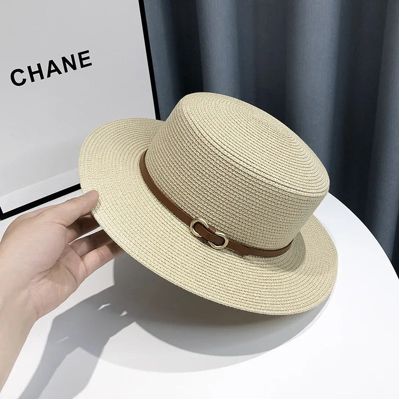 French Style Straw Sun Hat Women Summer Flat Top Brim, Adjustable UPF50 Plus, Elegant Beach Vacation Sun Protection