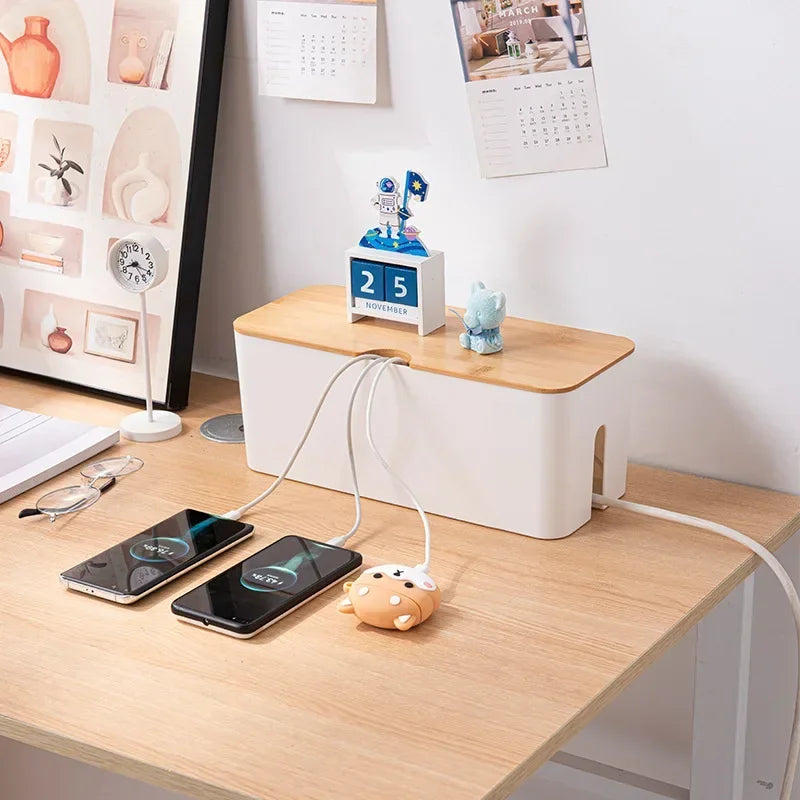 Wooden Cable Storage Box, Dustproof Power Line Organizer, Charger Socket, Wire Case, Home Cable Winder, Storage Case