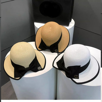 Women Summer Straw Hat Top Panama Hat Korean Style Large Brim Sun Protection Cap, Versatile Beach Hat Fascinator