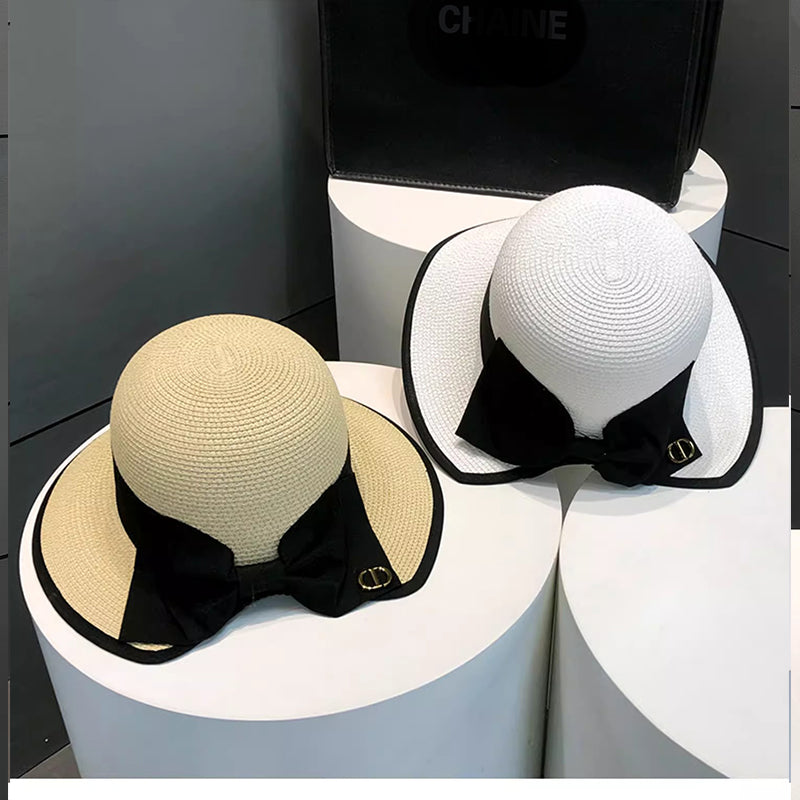 Women Summer Straw Hat Top Panama Hat Korean Style Large Brim Sun Protection Cap, Versatile Beach Hat Fascinator