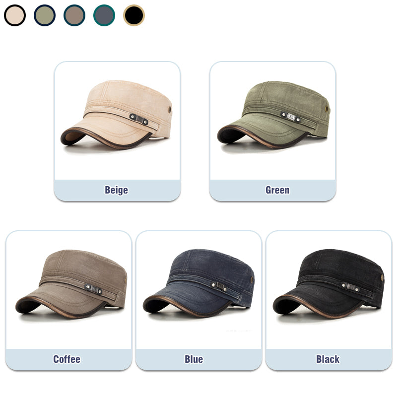 Adjustable Leather Binding Washed White Distressed Cotton Cadet Flat Cap, Sun Hat, Trucker Caps, Stylish Hats
