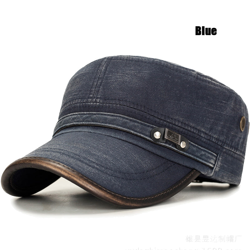 Adjustable Leather Binding Washed White Distressed Cotton Cadet Flat Cap, Sun Hat, Trucker Caps, Stylish Hats