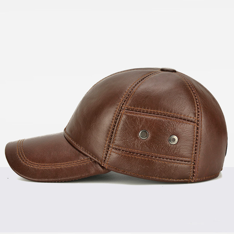 Men Real Cowhide Leather Cap Winter Warm Outdoor Ear Protection Adjustable New Style Baseball Hat 1