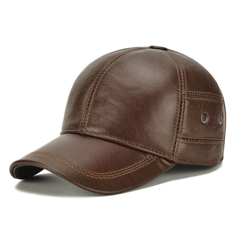 Men Real Cowhide Leather Cap Winter Warm Outdoor Ear Protection Adjustable New Style Baseball Hat 5