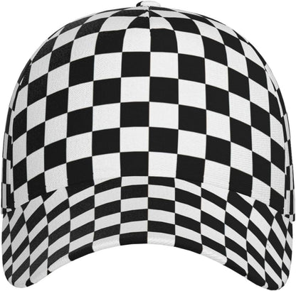 Black White Checkered Flag Baseball Hats Men Women Adjustable Snapback Cap, Checkered Trucker Cap Racing Style Headwear