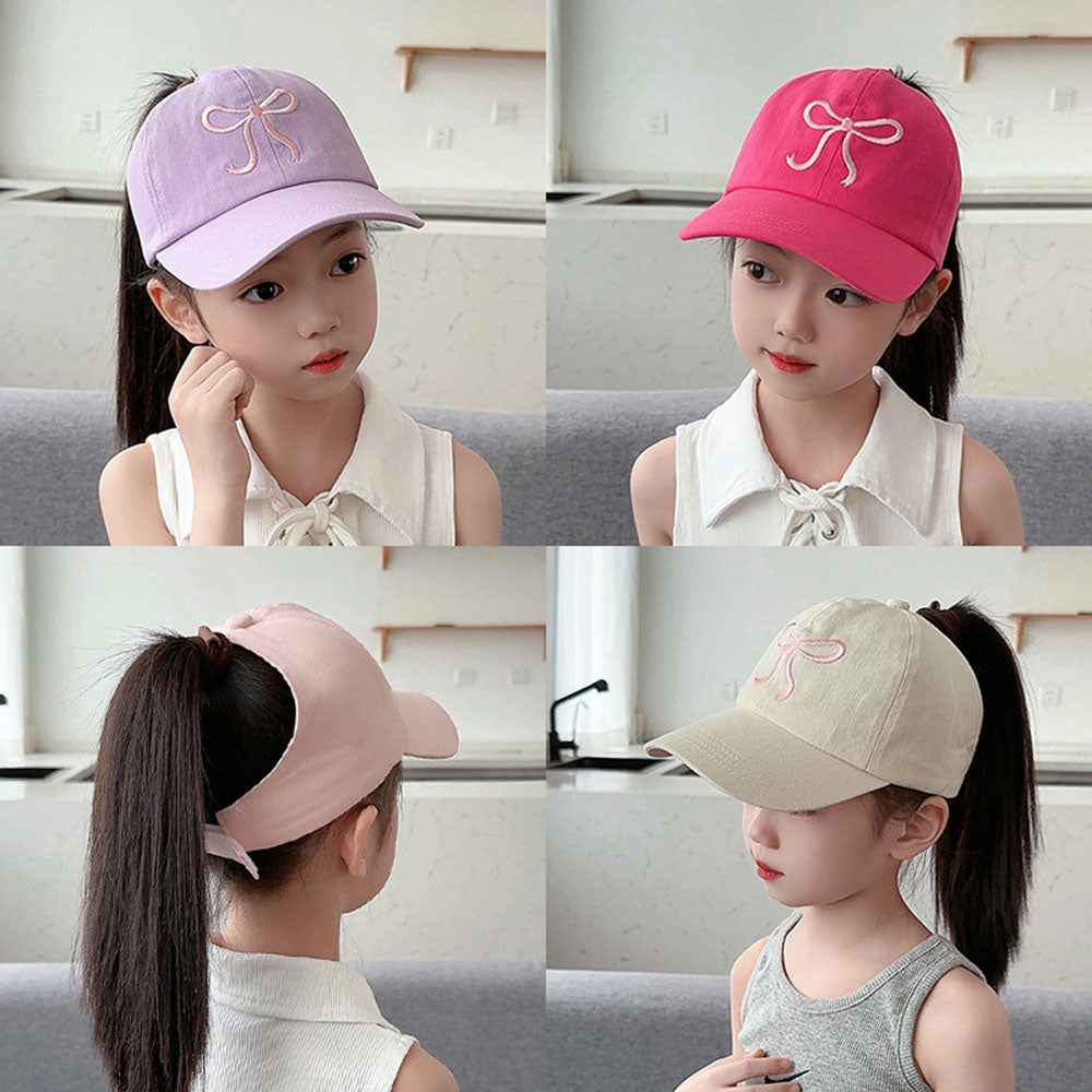 Kids New High Ponytail Baseball Caps, Girls Boys Sun Hats Bowknot Embroidery, Hollow Top Hats, Children Sun Protection