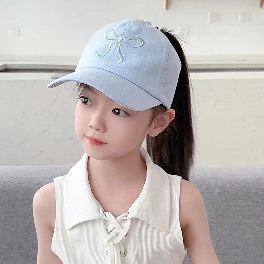 Kids New High Ponytail Baseball Caps, Girls Boys Sun Hats Bowknot Embroidery, Hollow Top Hats, Children Sun Protection