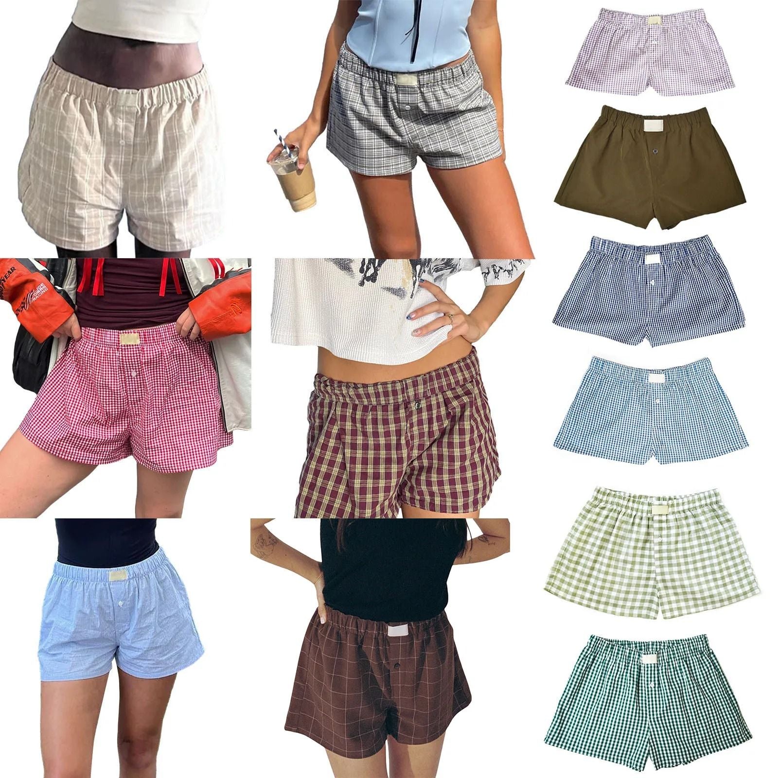 Womens Y2K Retro Plaid Elastic Low Waist Button Front Lounge Shorts