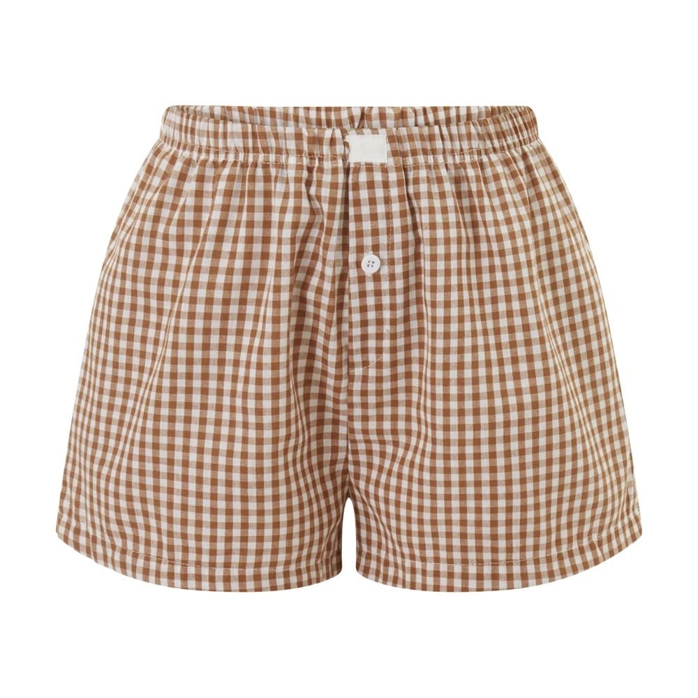 Womens Y2K Retro Plaid Elastic Low Waist Button Front Lounge Shorts 13