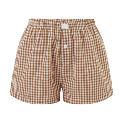 Womens Y2K Retro Plaid Elastic Low Waist Button Front Lounge Shorts 13