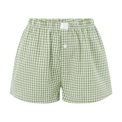 Womens Y2K Retro Plaid Elastic Low Waist Button Front Lounge Shorts 15