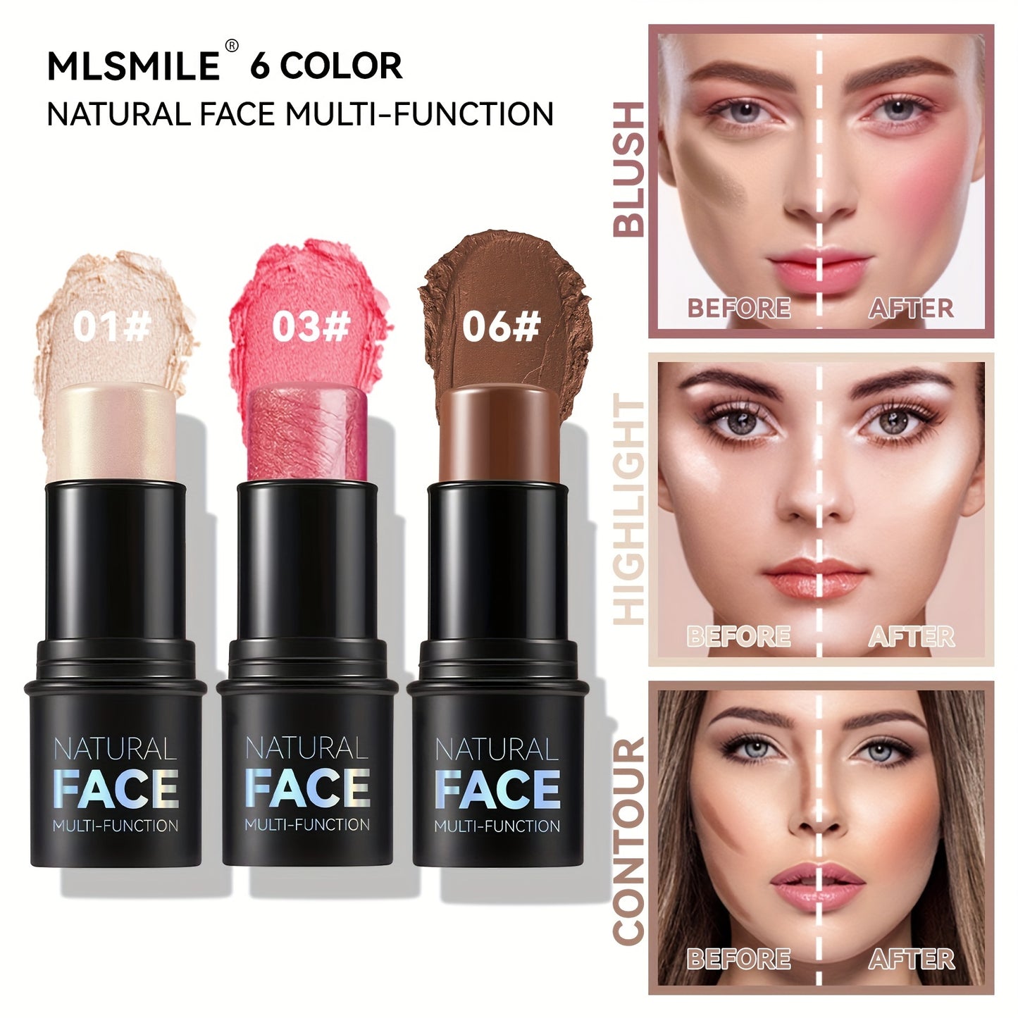 Cream Contour Sticks, Highlighter, Bronzer, Blush, Non Greasy Face Contouring Pen, Water Resistant, Smooth Blend Makeup