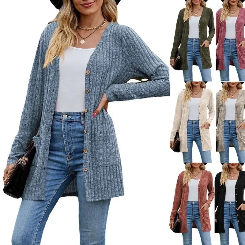 Womens Striped V Neck Button Front Cardigan Coat