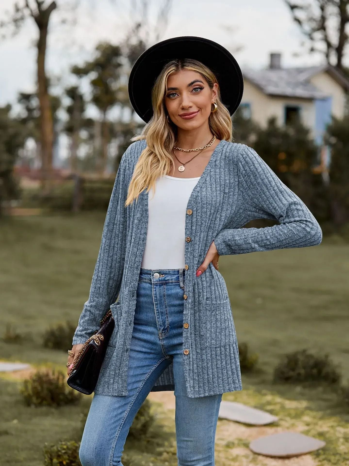 Womens Striped V Neck Button Front Cardigan Coat 10