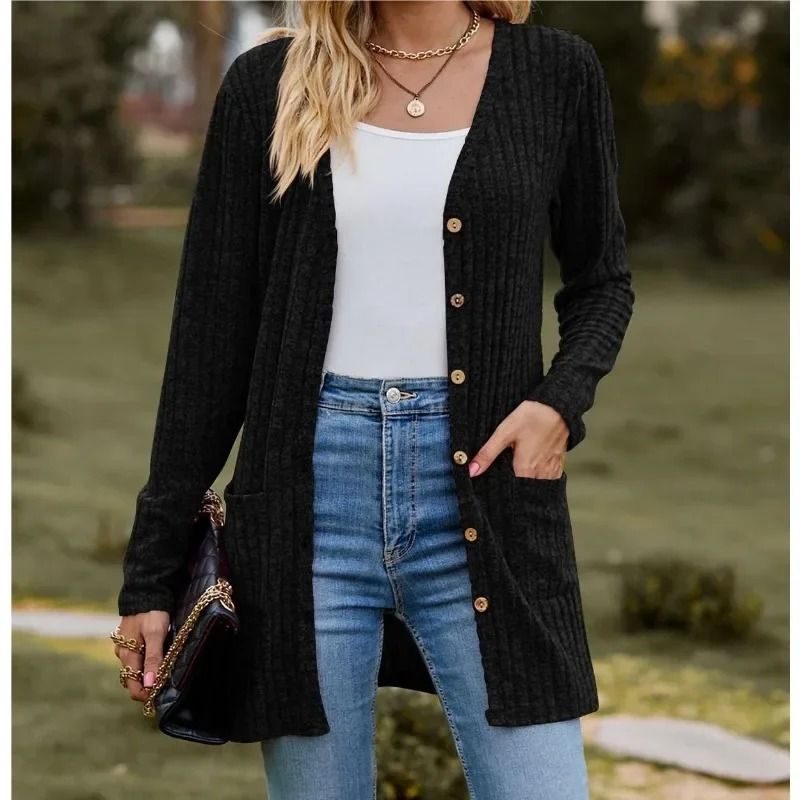 Womens Striped V Neck Button Front Cardigan Coat 2
