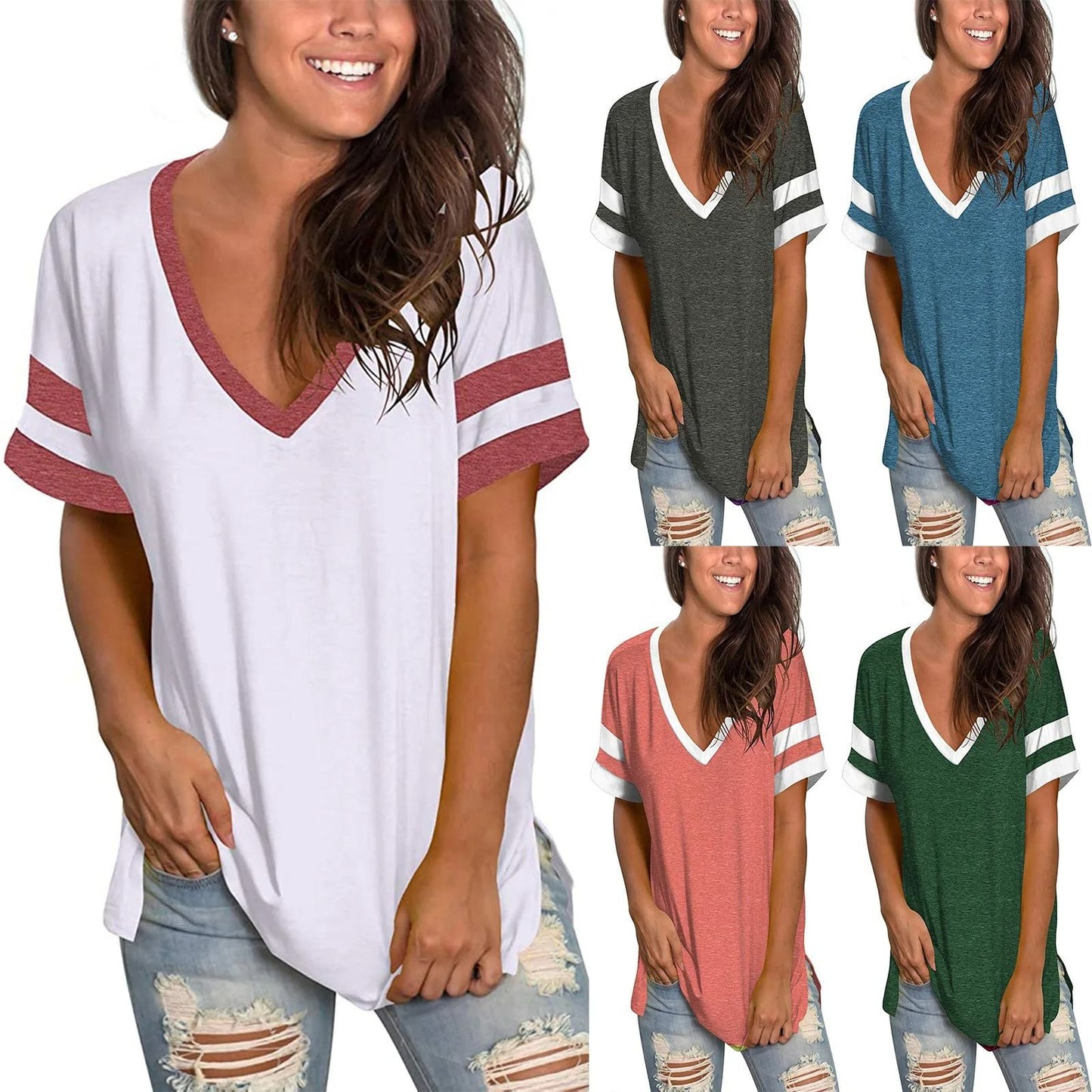 Womens V Neck Color Block Loose Fit Short Sleeve Tee