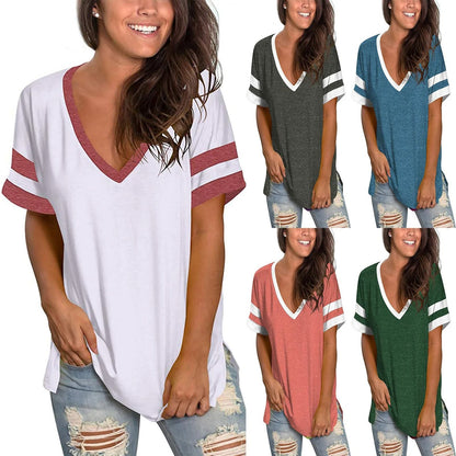 Womens V Neck Color Block Loose Fit Short Sleeve Tee