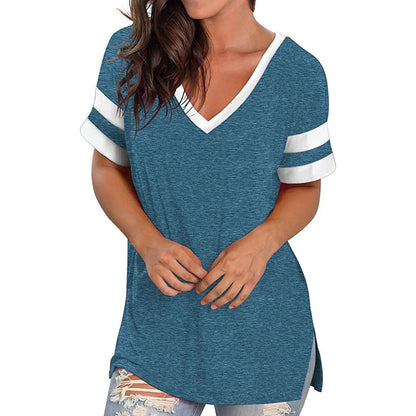Womens V Neck Color Block Loose Fit Short Sleeve Tee 1