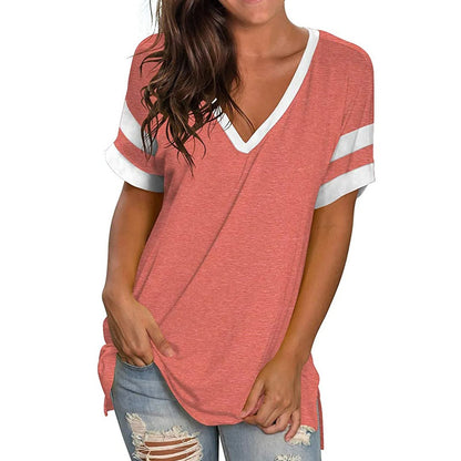 Womens V Neck Color Block Loose Fit Short Sleeve Tee 10