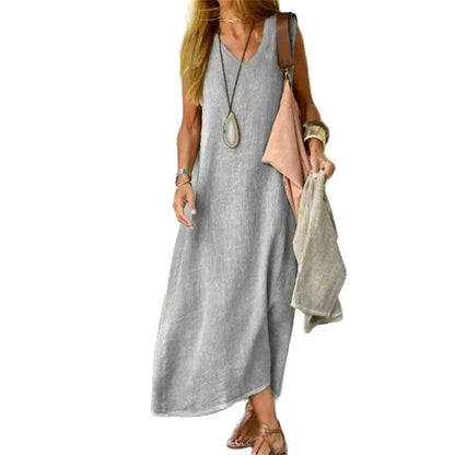 Womens V Neck Cotton Linen Loose Waist Sleeveless Summer Dress